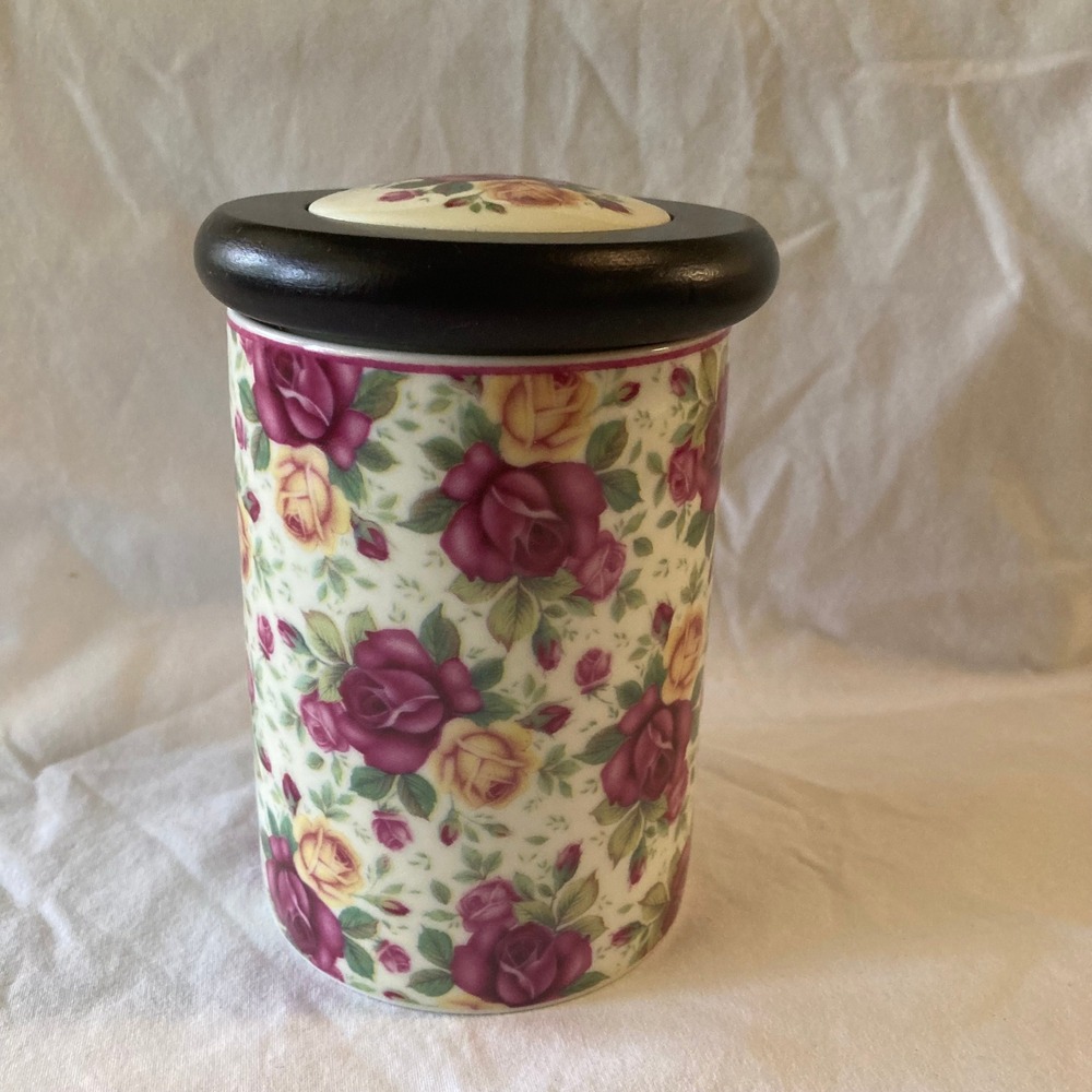 Best Selection The John Floral Bone China Jar Lid Roses Pink Yellow 4.25" x 3"